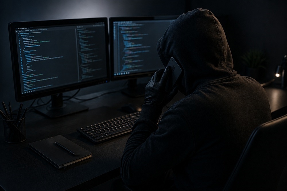 Dark un-lit room with a hooded man with his back to the camera staring at 2 side by side computer screens. 